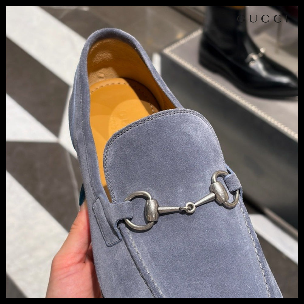 【GUCCI】JORDAN Horsebit Suede Men’s Moccasin Loafers Blue