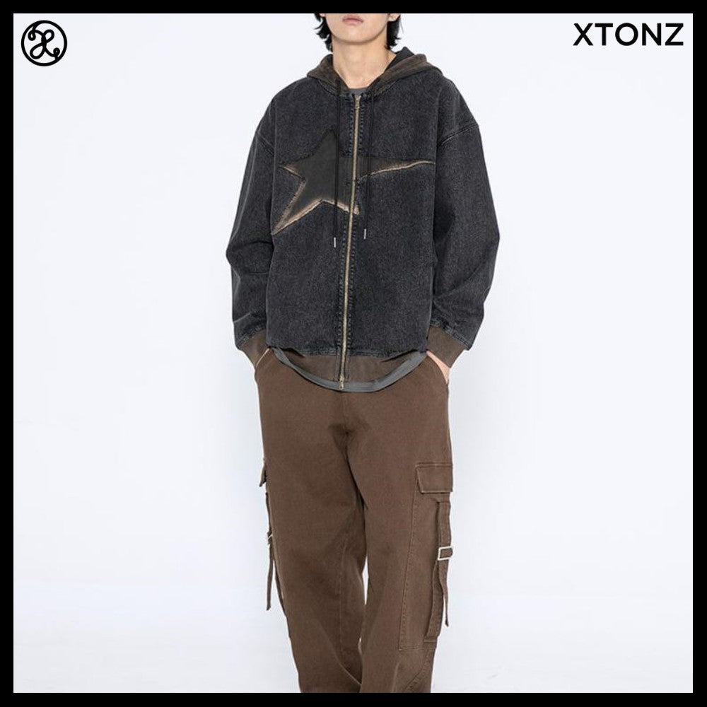 【XTONZ】VINTAGE WASHING STAR DENIM HOODED ZIP-UP 2COLORS
