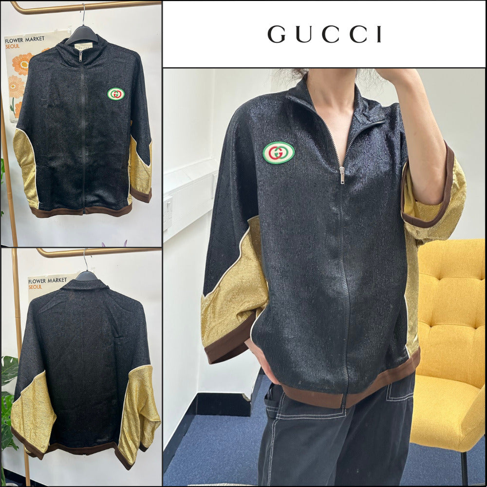 【GUCCI】Interlocking Patch Metallic Two-Tone Zip-Up Jacket