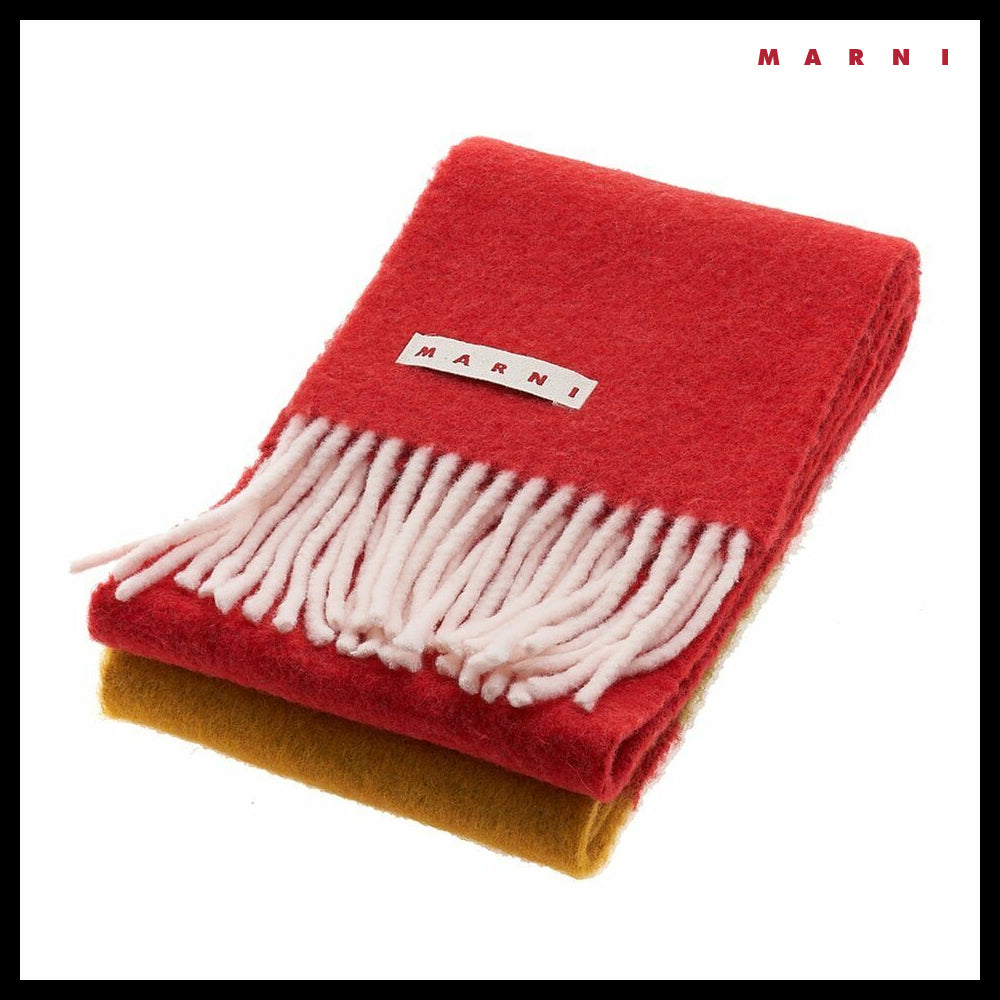 【MARNI】Color Block Long Wool-Alpaca Blend Fringe Muffler