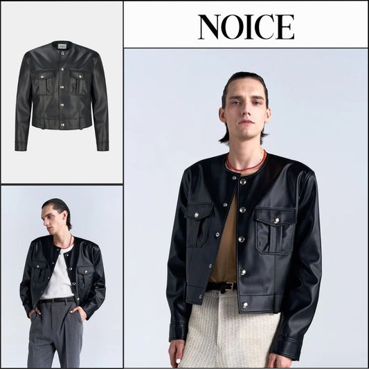 【NOICE】M Pure Collar Leather Jacket Black