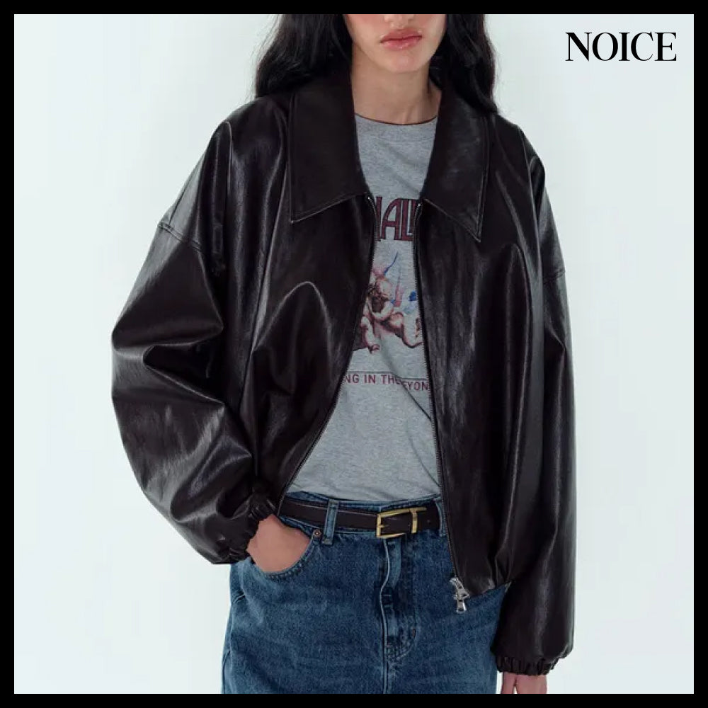 【NOICE  】W FAUX LEATHER SHIRRED BLOUSON BROWN