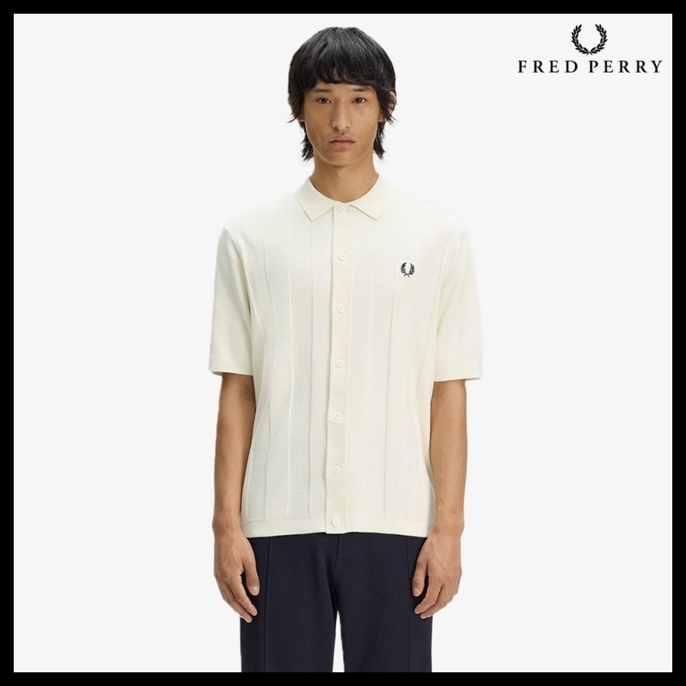 【FRED PERRY】Tonal Vertical Stripe Knit Shirt Ecru