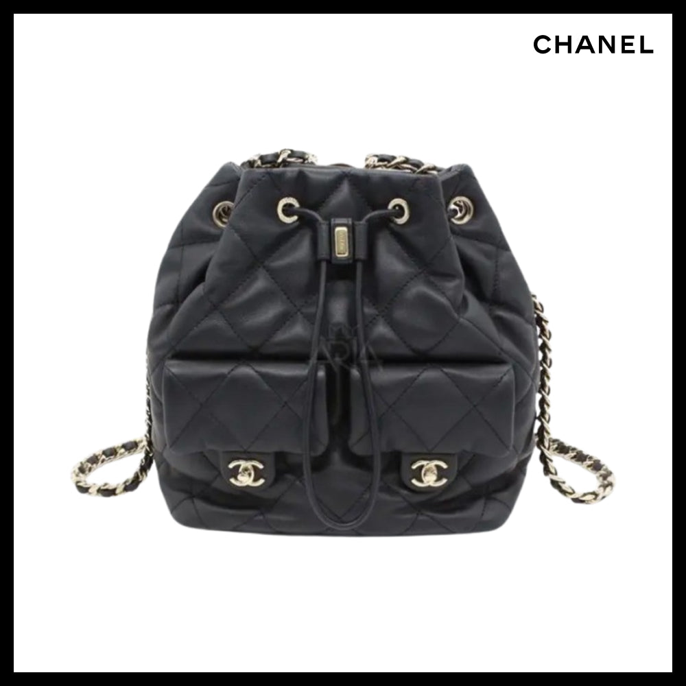 【CHANEL】Two Pocket Drawstring Bucket Backpack Calfskin