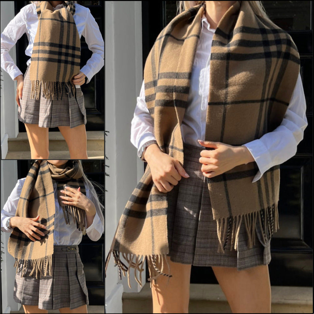 【BURBERRY】Giant Check Unisex Wool Muffler Taupe Brown