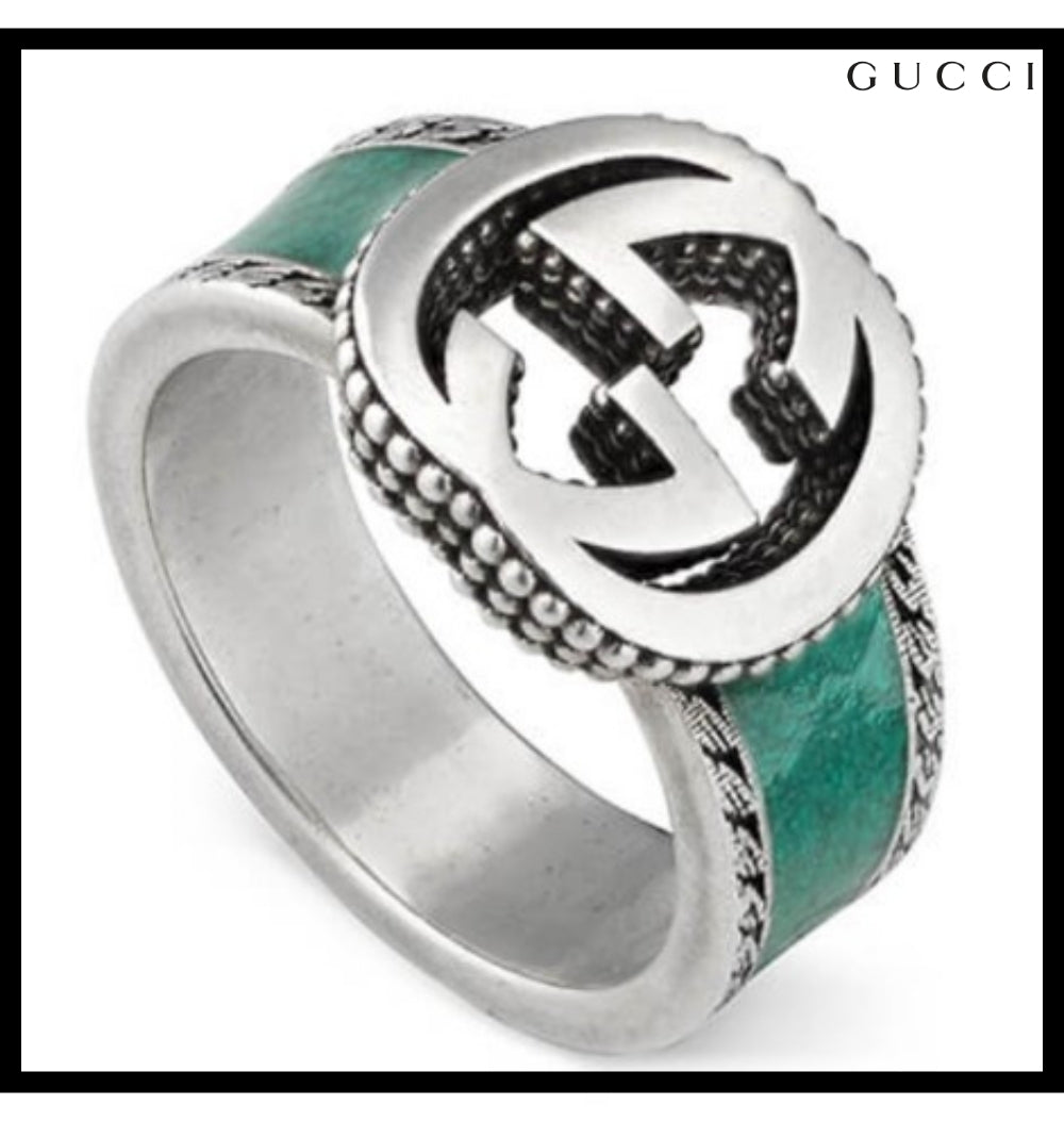 【GUCCI】Interlocking G Logo Enamel Band Ring TURQUOISE