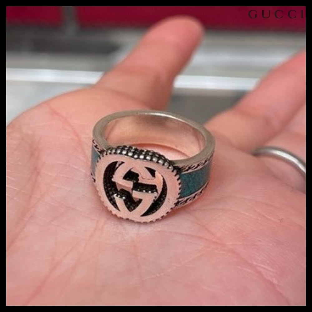 【GUCCI】Interlocking G Logo Enamel Band Ring TURQUOISE