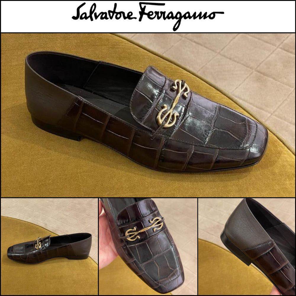 【FERRAGAMO】LOUIS GANCINI CROC PATTERN LOAFERS DARK BROWN
