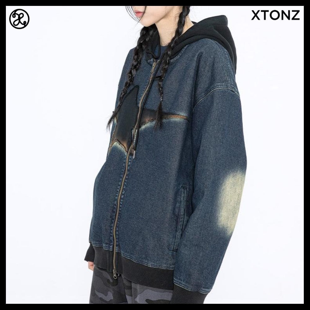 【XTONZ】VINTAGE WASHING STAR DENIM HOODED ZIP-UP 2COLORS