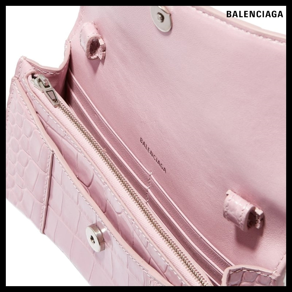 【BALENCIAGA 】Hourglass Wallet On Chain Crocodile Embossed