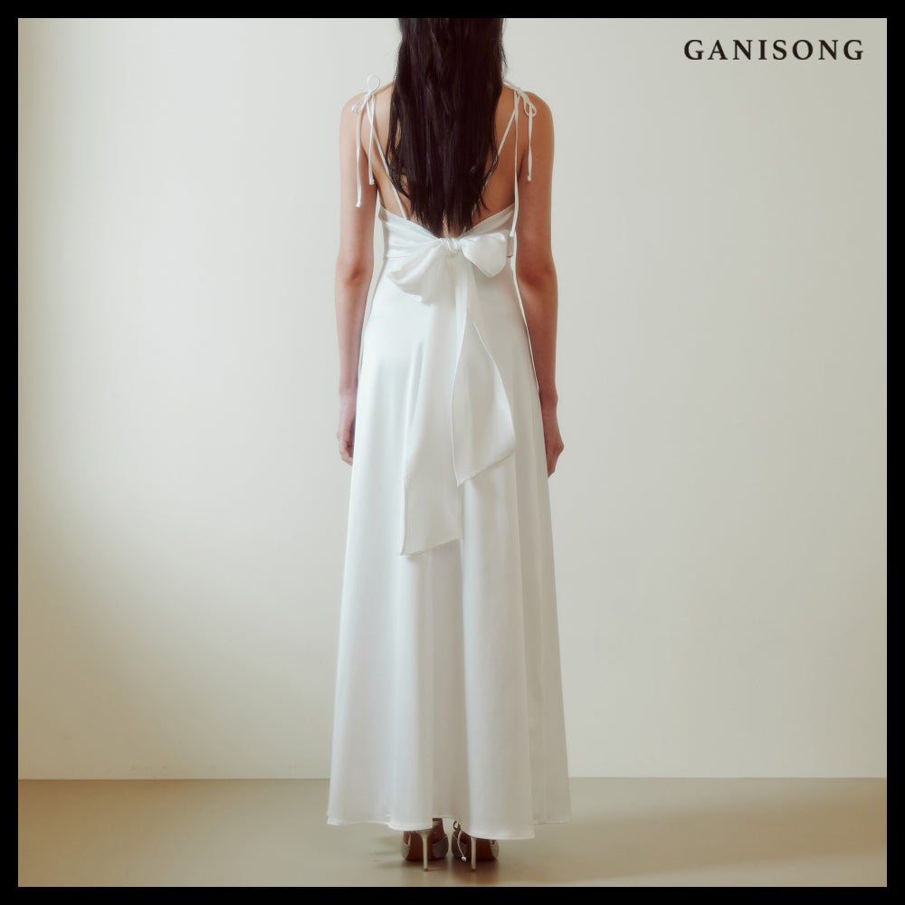 【GANISONG】Bridal Back Ribbon Dress White