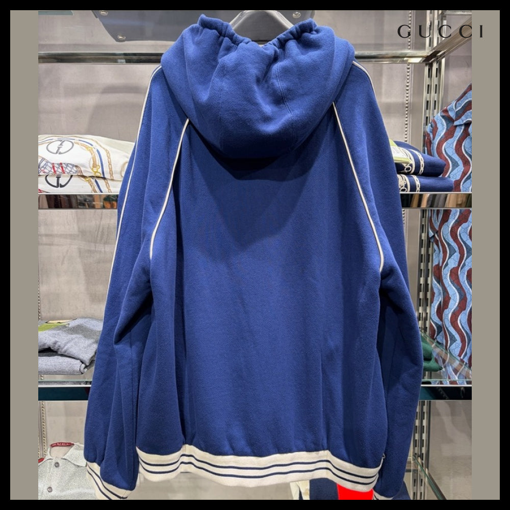 【GUCCI】Interlocking Embroidered Cotton Hooded Zip-Up Jacke