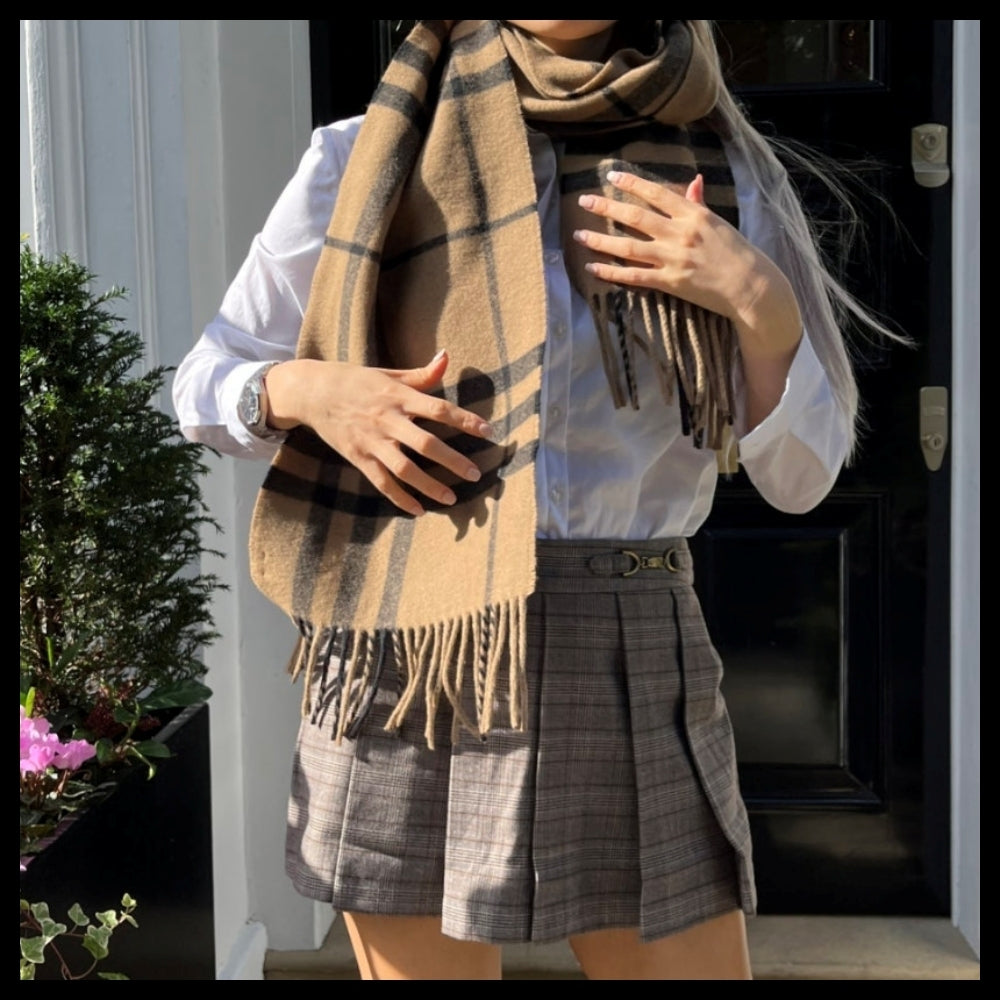 【BURBERRY】Giant Check Unisex Wool Muffler Taupe Brown