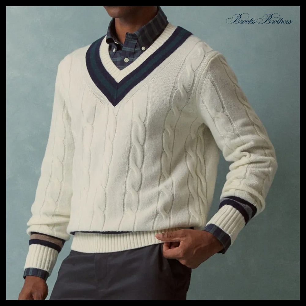【Brooks Brothers】Wool Tennis Cable V-Neck Sweater Ivory