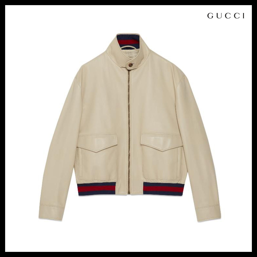 【GUCCI】Leather Bomber Jacket Beige