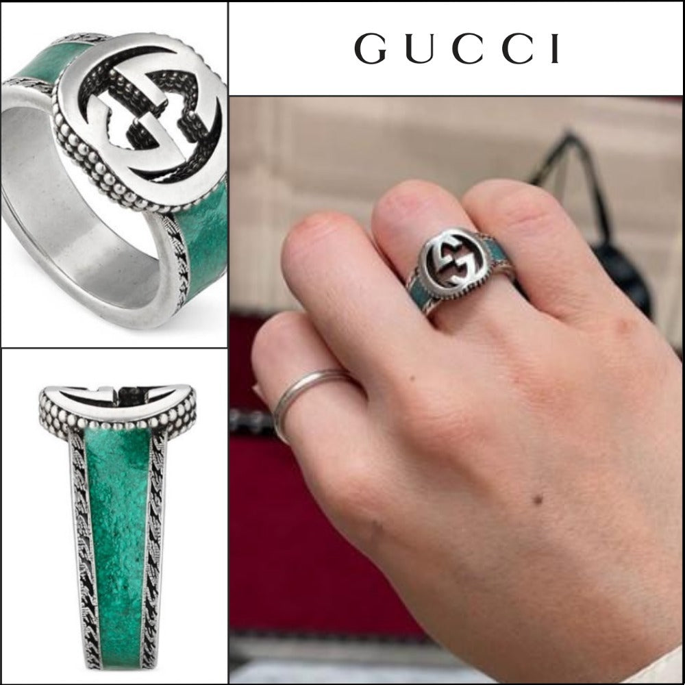 【GUCCI】Interlocking G Logo Enamel Band Ring TURQUOISE