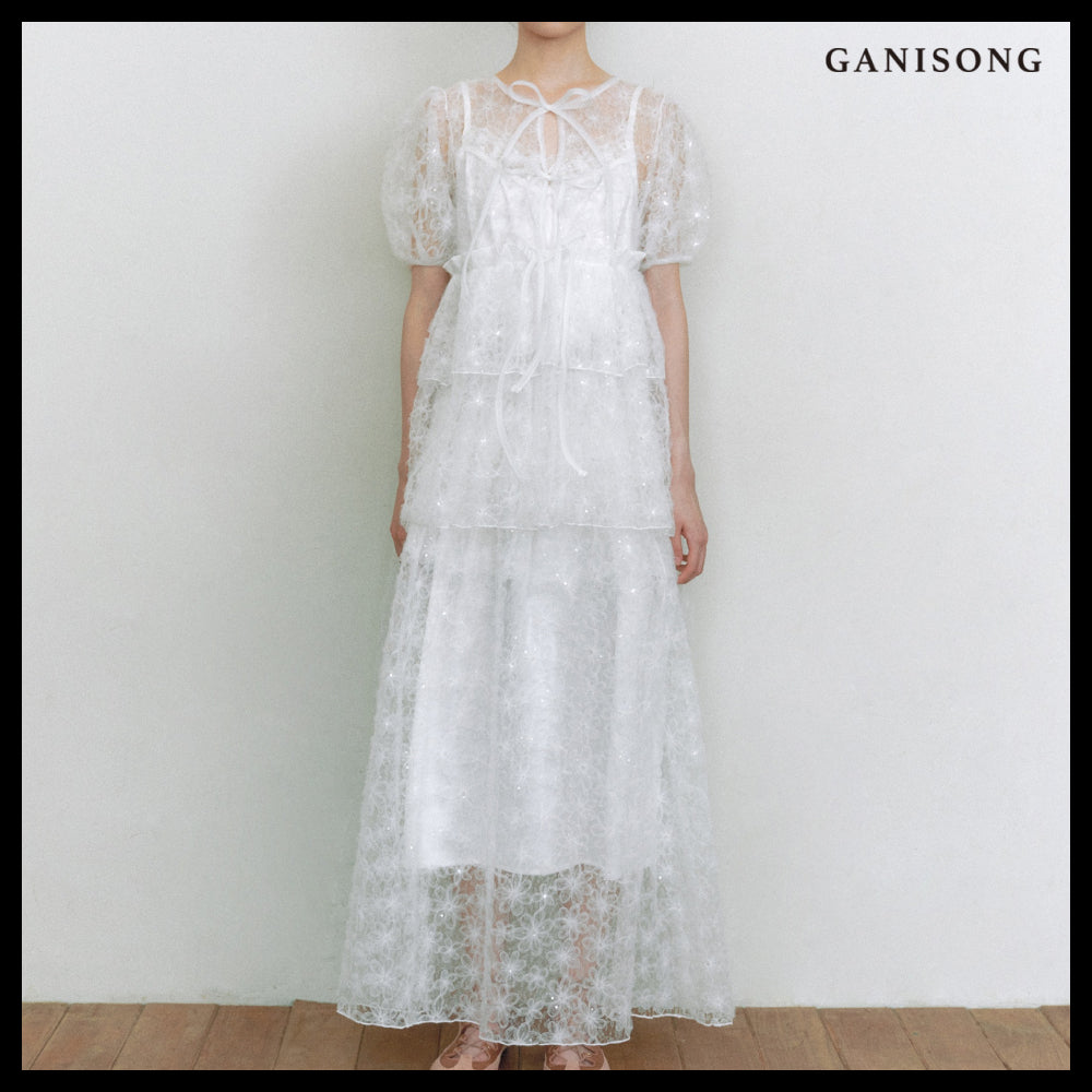 【GANISONG】Bridal Meringue Flower Dress White
