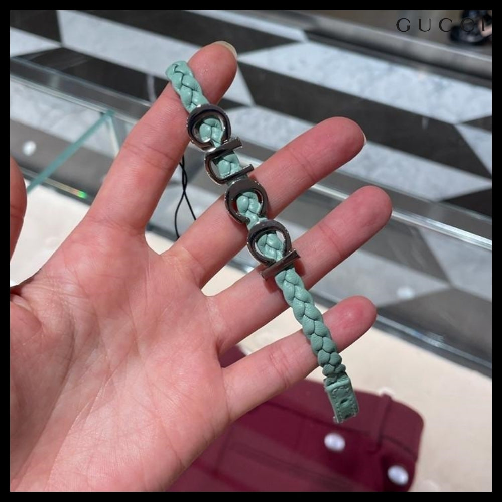 【GUCCI】Silver Metal Logo Leather Buckle Bracelet MintGreen