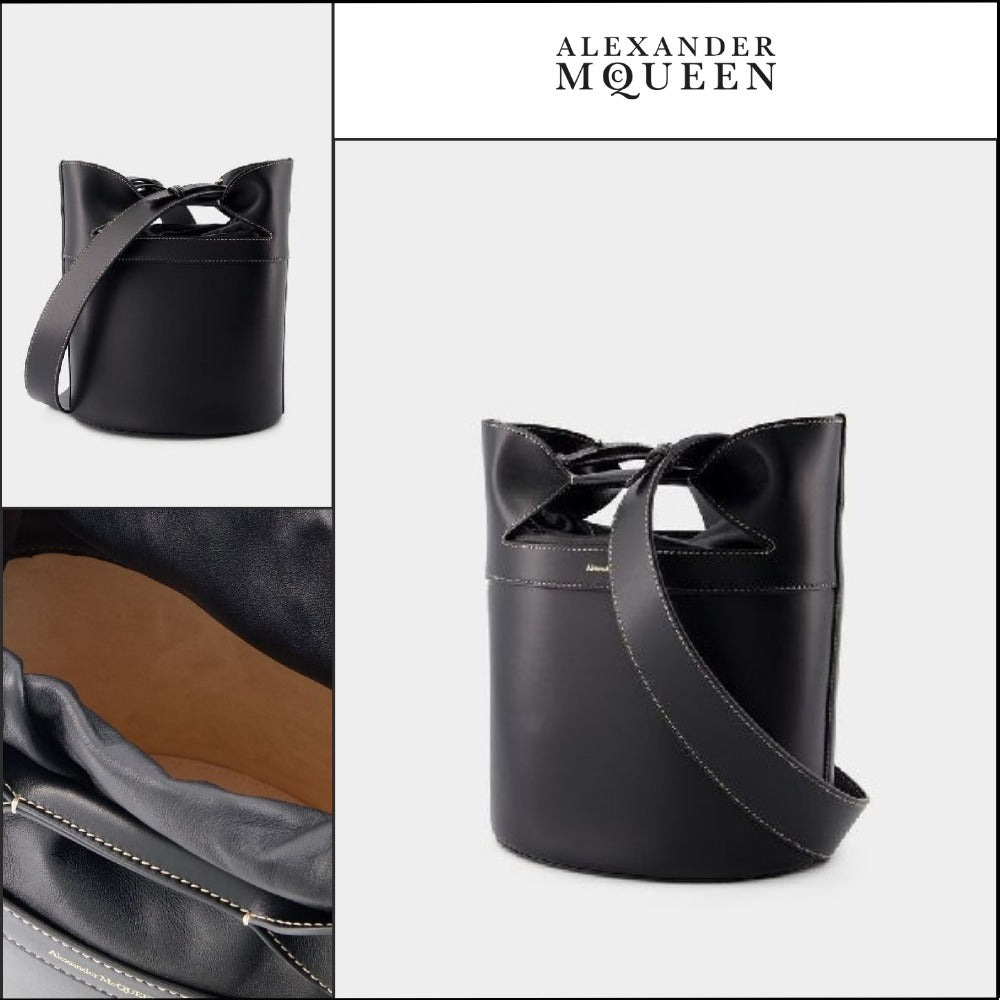 【Alexander Mcqueen】Logo Leather Bucket Tote Bag Black