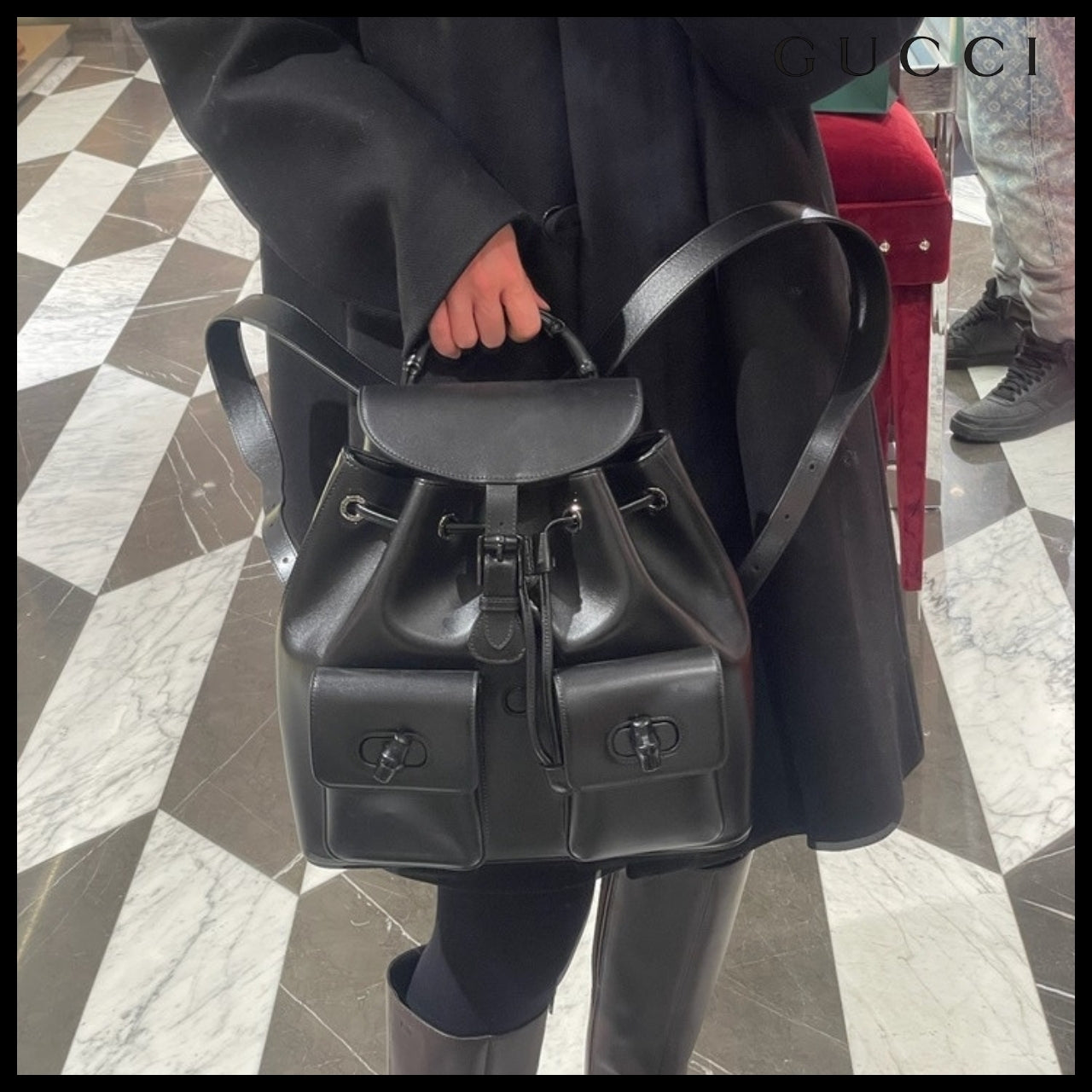 【GUCCI 】Noblesse Calf Pocket Bamboo Top Handle Backpack