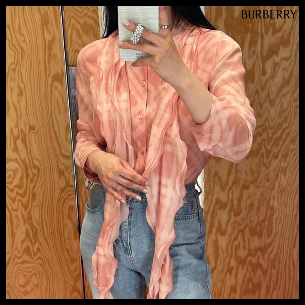 【Burberry】Ruffle Check Silk Blouse Candy