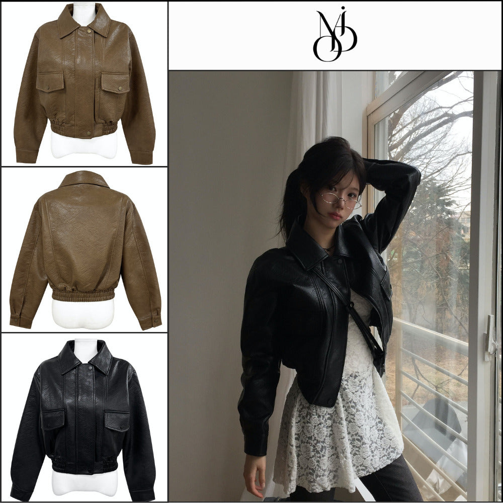 【MODIMOOD】Sailor Half Fit Crop Leather Jacket 2 Colors