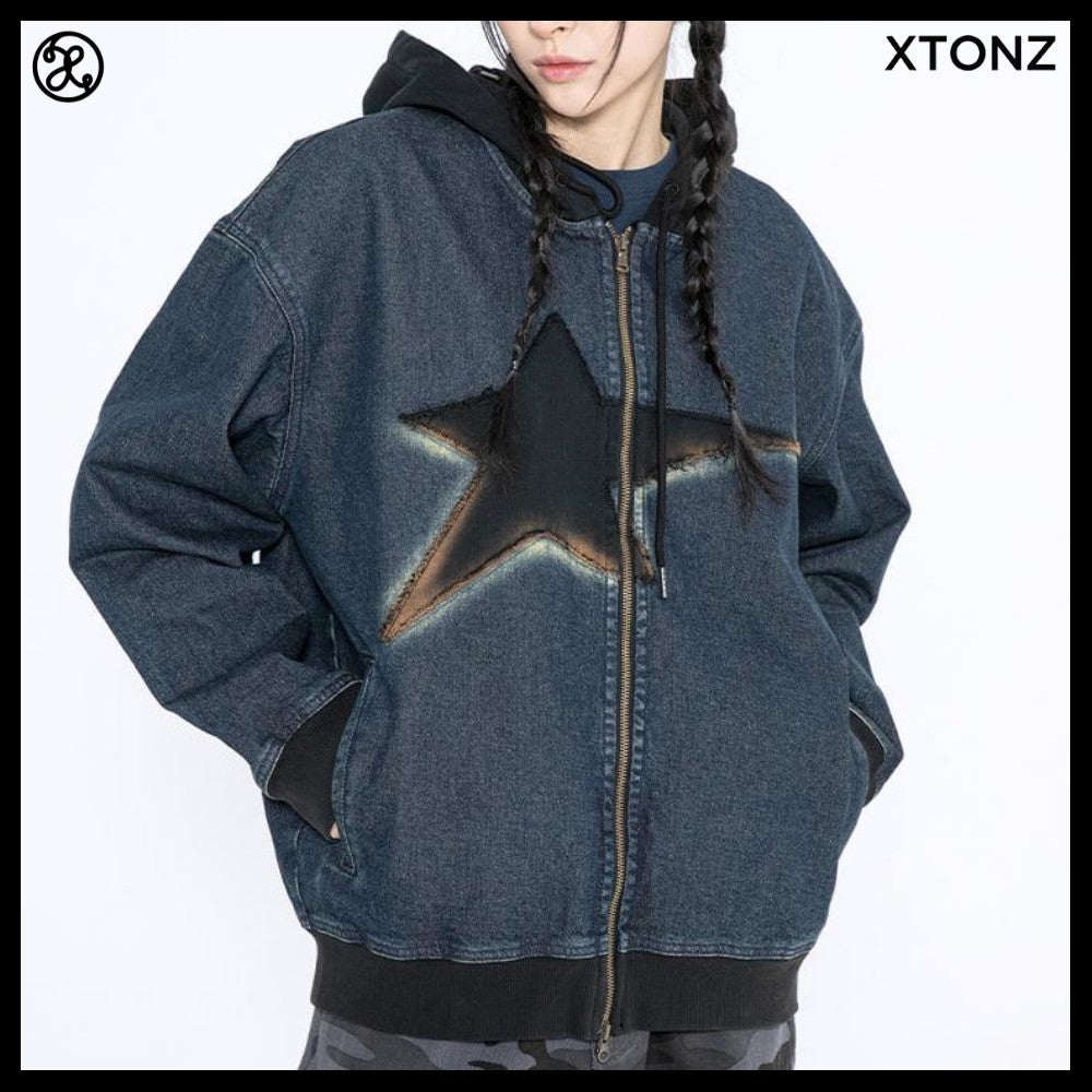 【XTONZ】VINTAGE WASHING STAR DENIM HOODED ZIP-UP 2COLORS