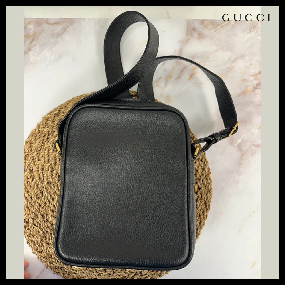 【GUCCI】Vintage Logo Print Leather Messenger Bag Black