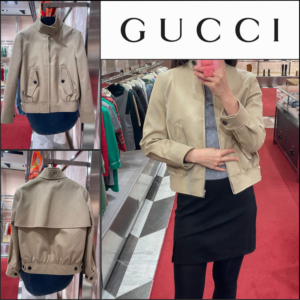 【GUCCI】Logo Cotton Drill Bomber Jacket Cold Beige