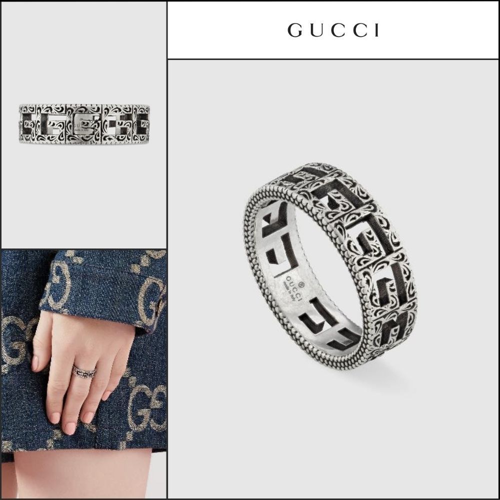 【GUCCI】Square G Sterling Wide Ring SILVER BLACK