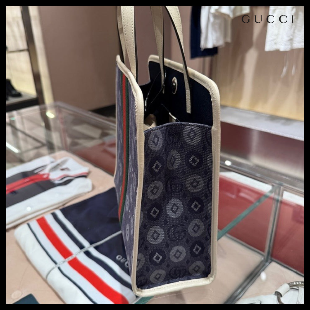 【GUCCI】GG Dot Jacquard Web Stripe Denim Tote Bag Blue