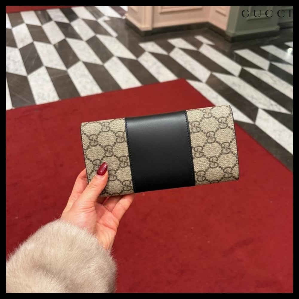 【GUCCI】Supreme Canvas Leather Flap Long Wallet BEIGE BLACK