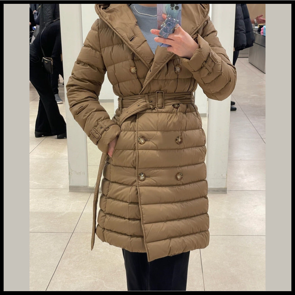 【BURBERRY】WITLEY Belted Long Down Coat Taupe Brown