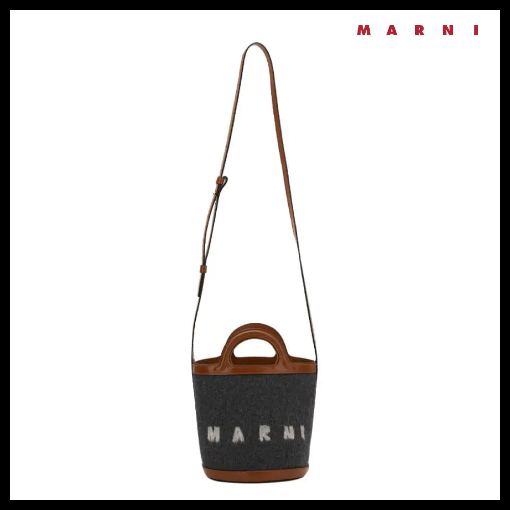 【MARNI】Women’s Logo Dark Grey Mocha Bucket Bag logo