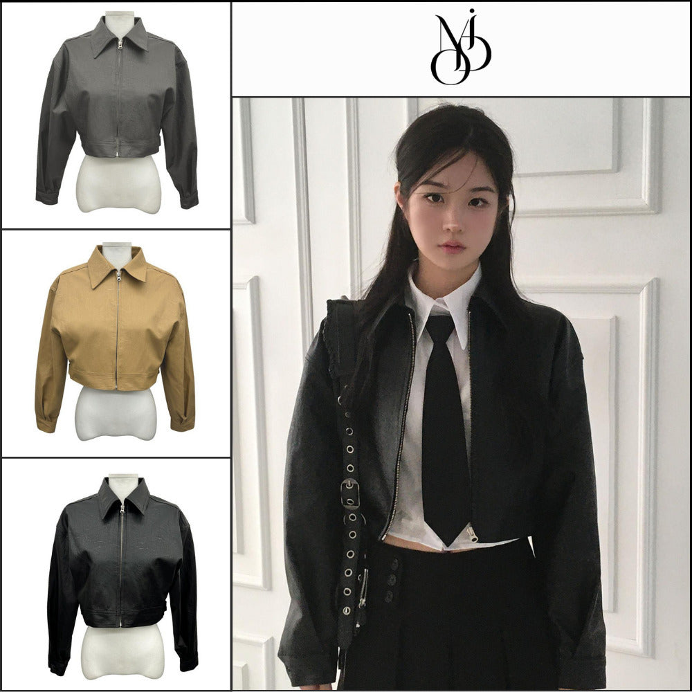 【MODIMOOD】Single Collar Half Crop Leather Jacket 3 Colors