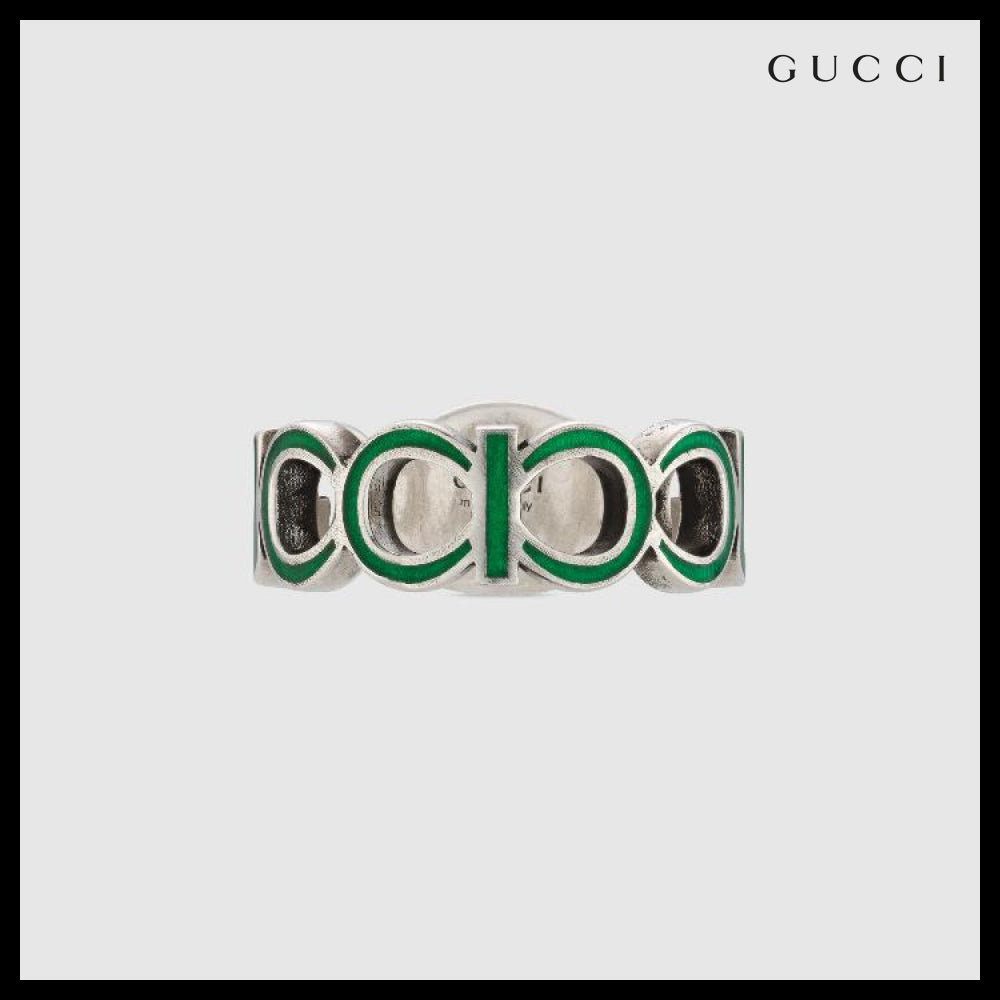 【GUCCI】Interlocking Enamel Silver Ring Green