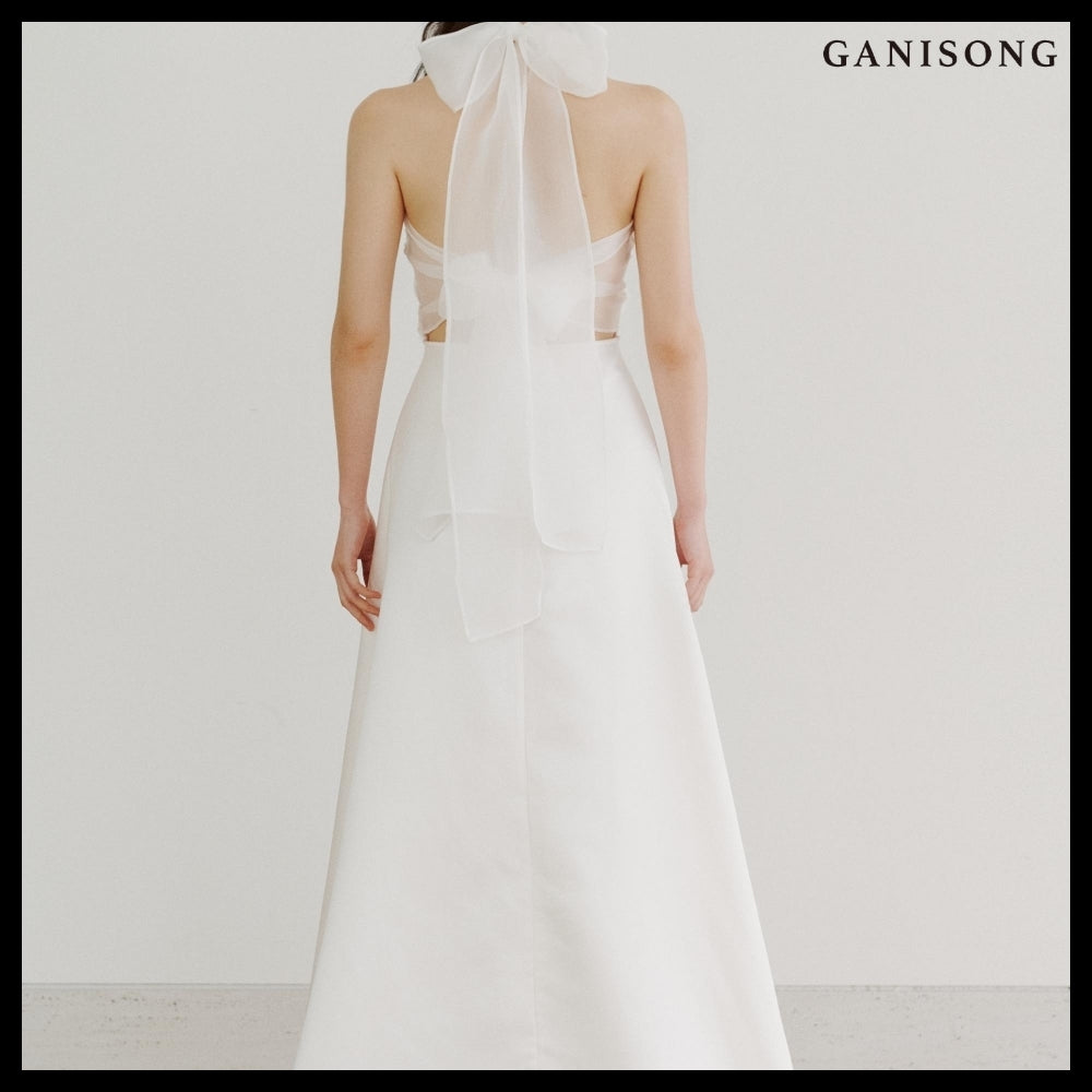 【GANISONG】Bridal Fluffy Rose Halterneck Dress White