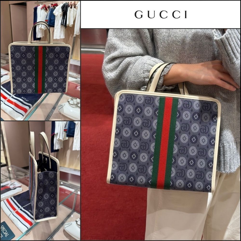 【GUCCI】GG Dot Jacquard Web Stripe Denim Tote Bag Blue
