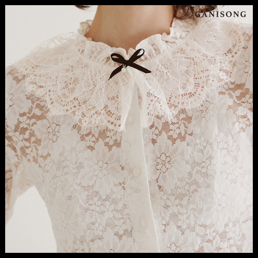 【GANISONG】Bridal Diagonal Lace Two-Piece Dress White