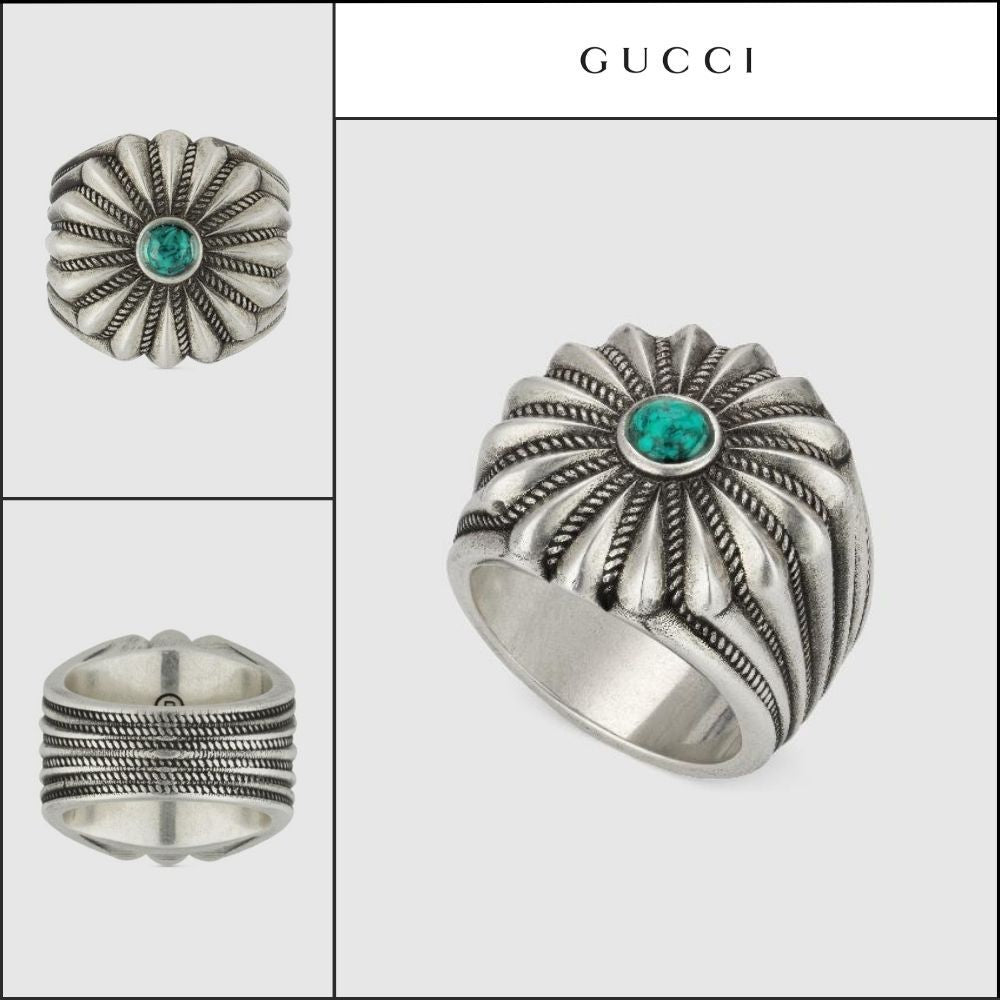 【GUCCI】Engraved Flower Sterling Ring Turquoise