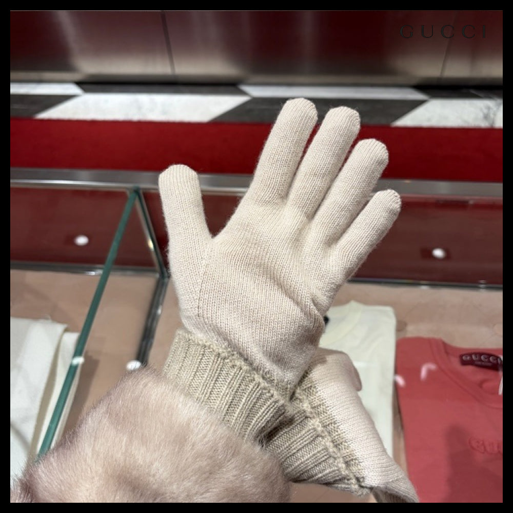 【GUCCI】GG Jacquard Cashmere Knit Gloves Off White