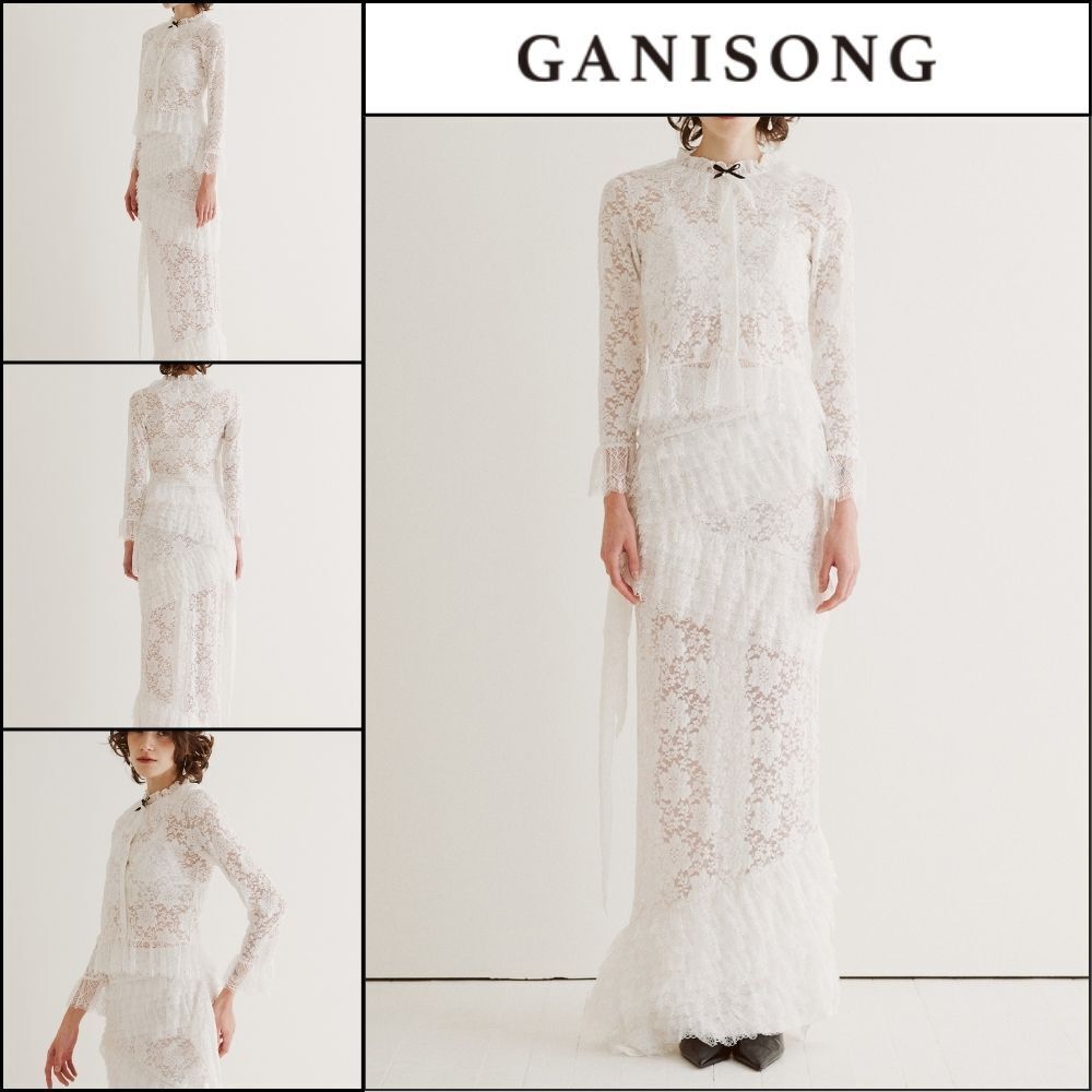 【GANISONG】Bridal Diagonal Lace Two-Piece Dress White