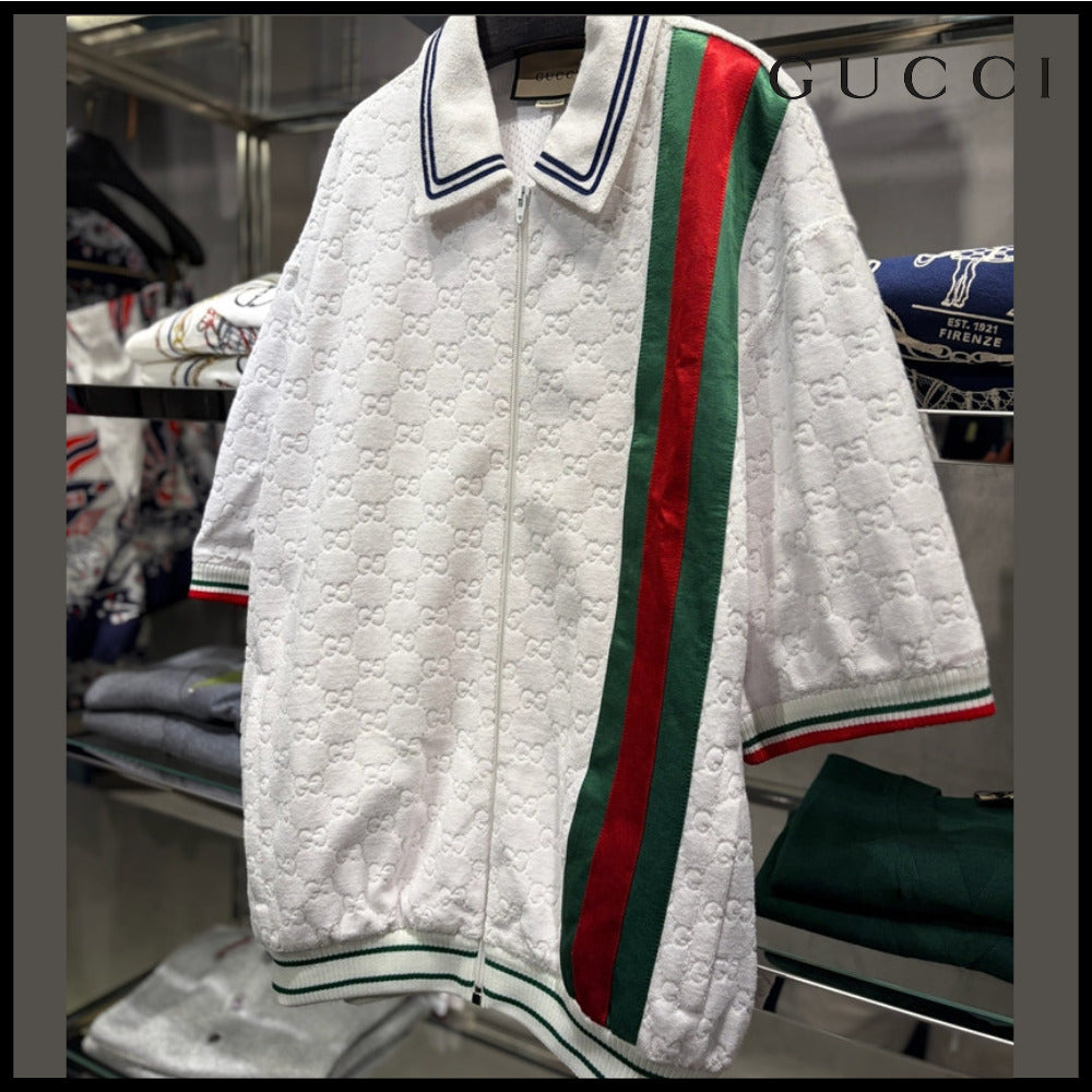 【GUCCI】GG Web Stripe Cotton Terry Short-Sleeve Zip-Up