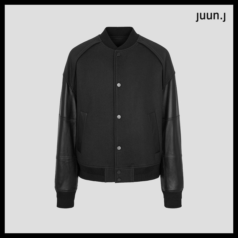 【JUUN.J】Leather Sleeve Varsity Jumper Gray