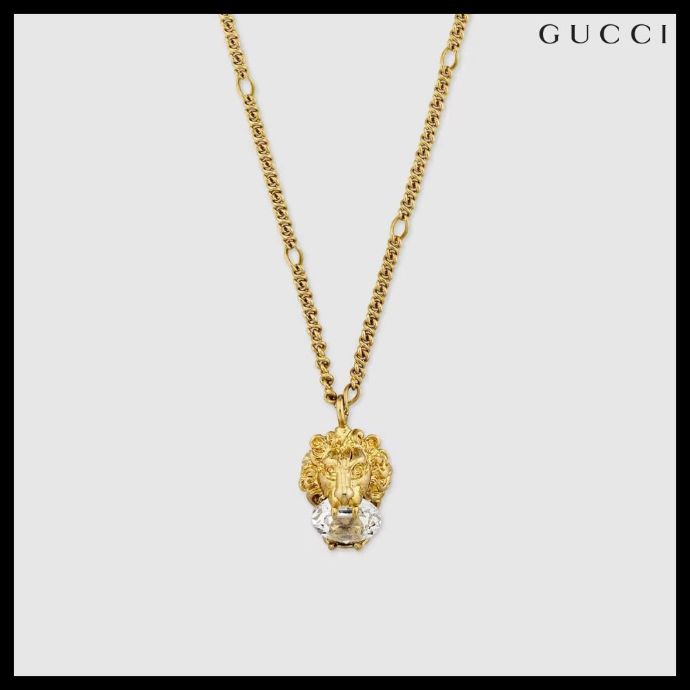 【GUCCI】 Lion Head Crystal Chain Necklace GOLD