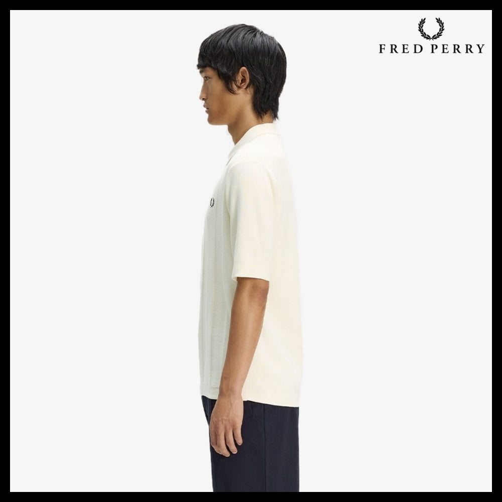 【FRED PERRY】Tonal Vertical Stripe Knit Shirt Ecru