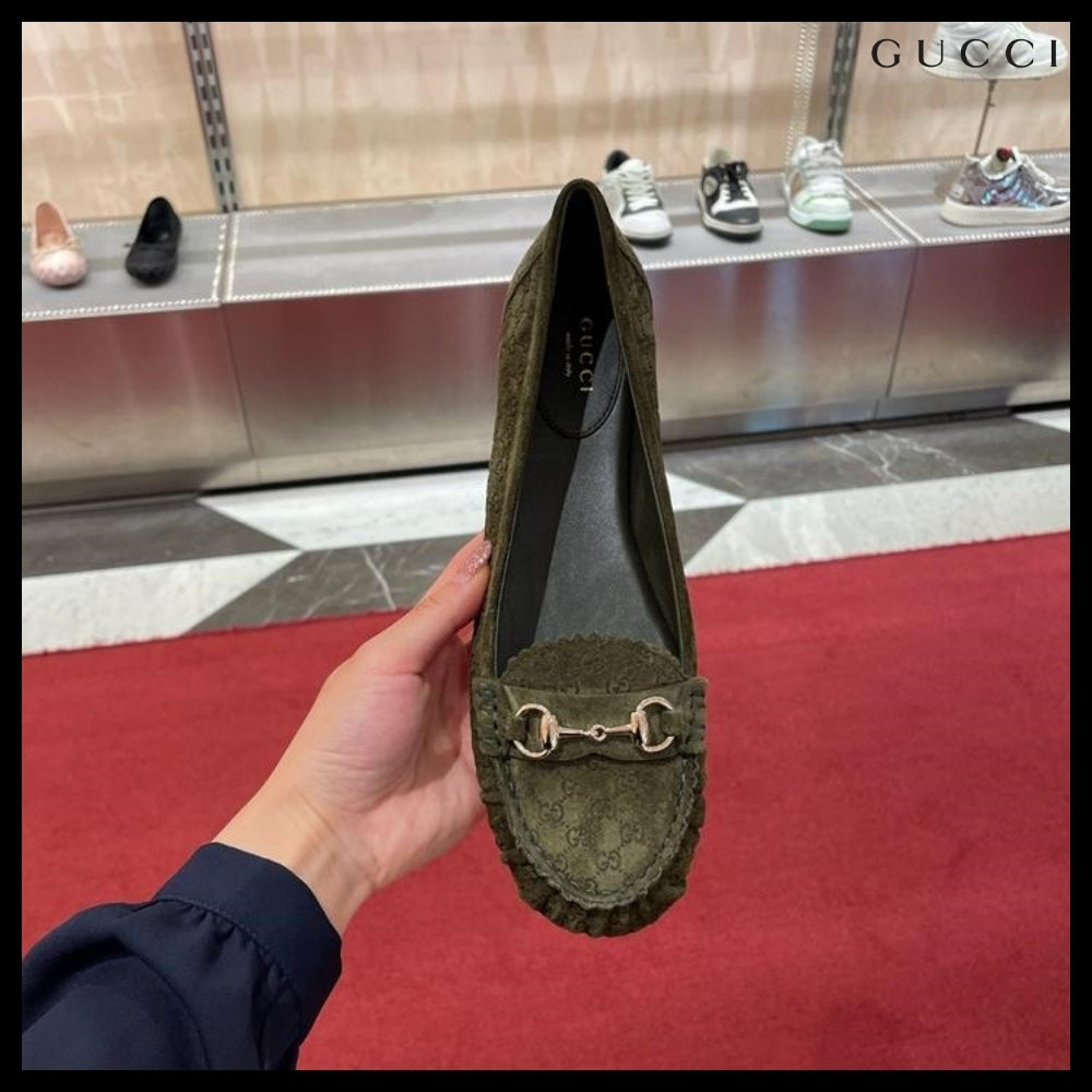 【GUCCI】Kensington GG Horsebit Suede Ballerina Flats Khaki