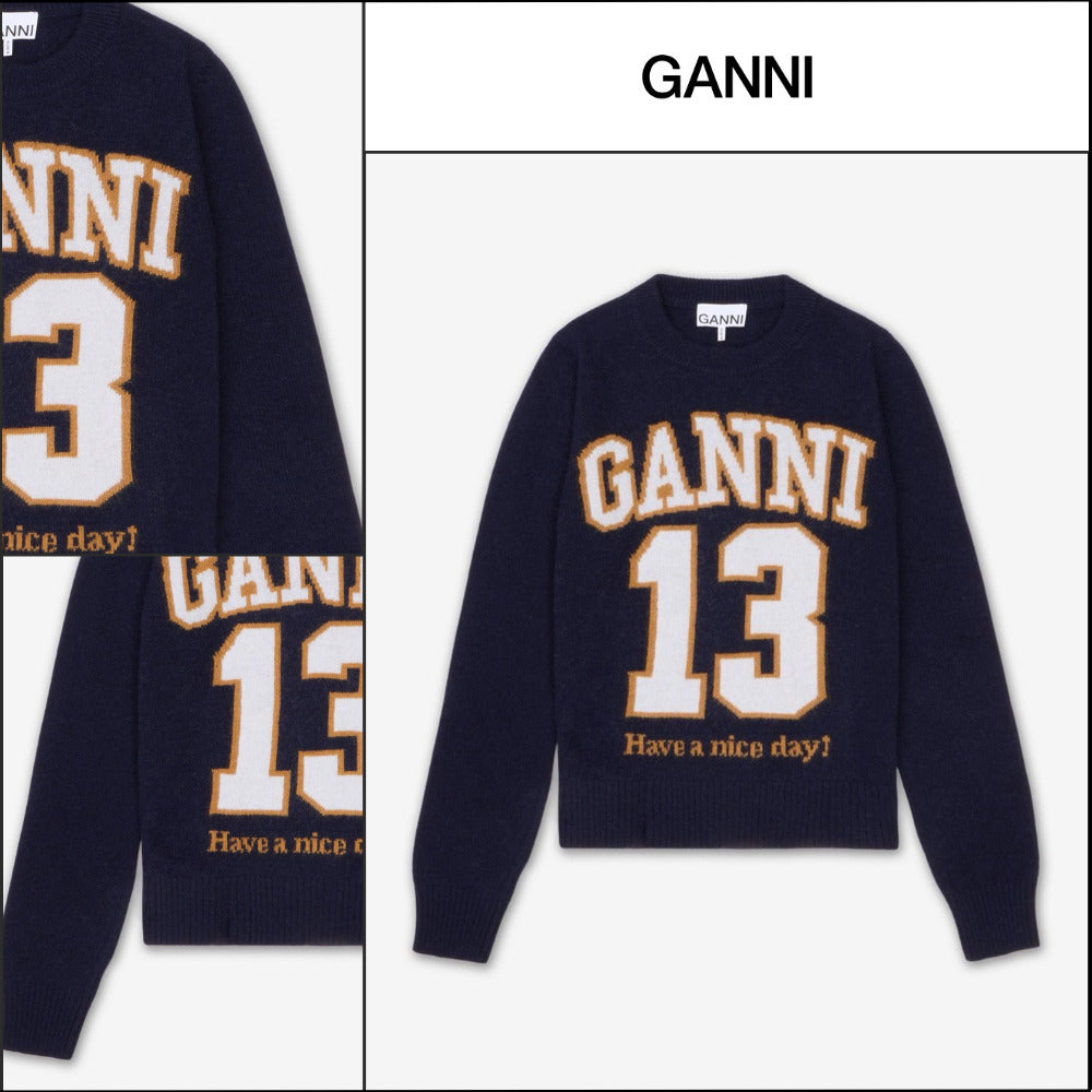 【Ganni】Graphic Wool Mix Baseball Knit - Sky Captain