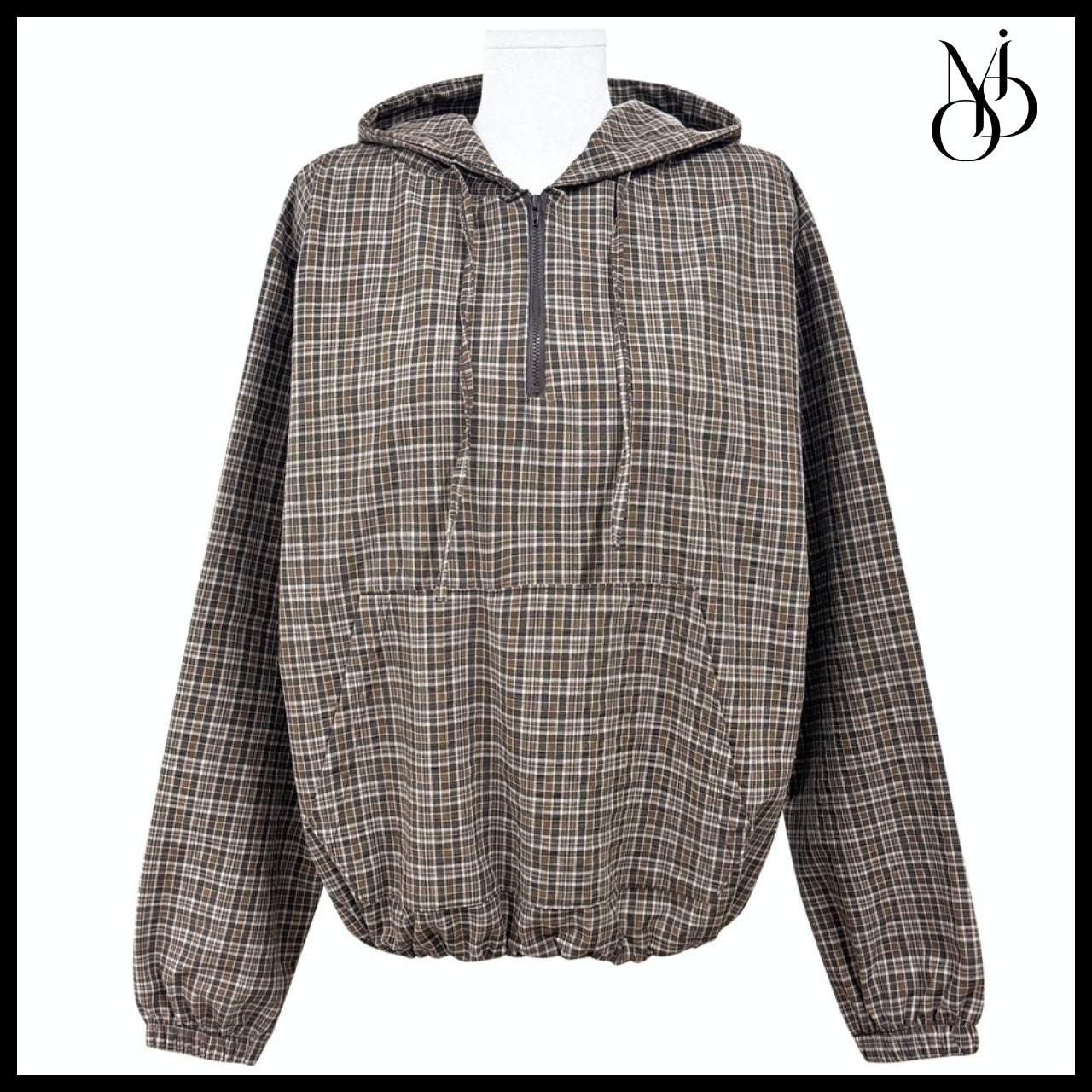 【MODIMOOD】Bay Check Windbreaker Hoodie Half Zip-Up 4Colors