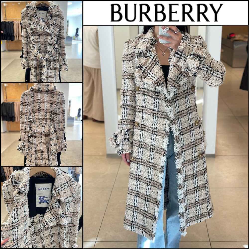 【Burberry】Check Boucle Belted Long Coat String Fossil